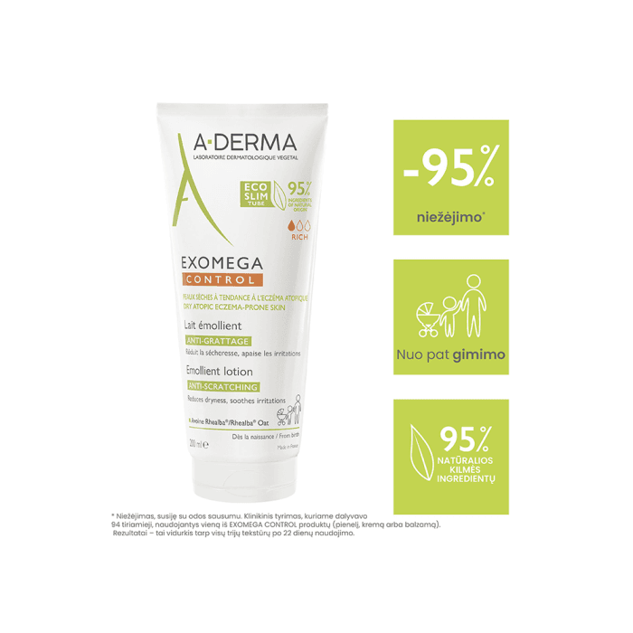 A-DERMA veido ir kūno losjonas-emolientas sausai, atopinei odai EXOMEGA CONTROL, nuo gimimo, 200 ml-2