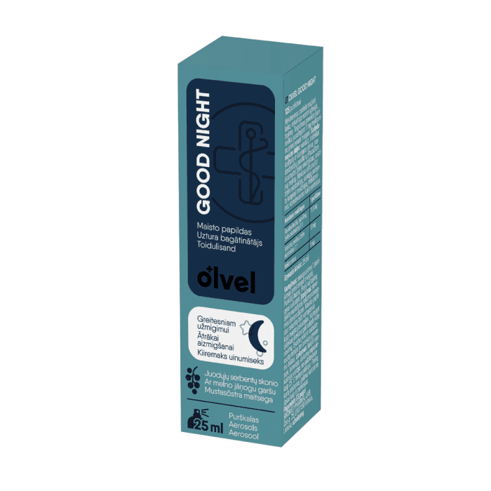 OLVEL purškiamas maisto papildas su melatoninu GOOD NIGHT, juodųjų serbentų skonio, 25 ml