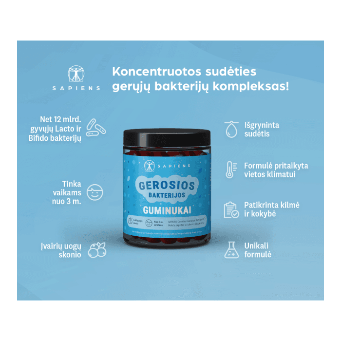 SAPIENS gerosios bakterijos, nuo 6 m., uogų skonio, 60 guminukų-1
