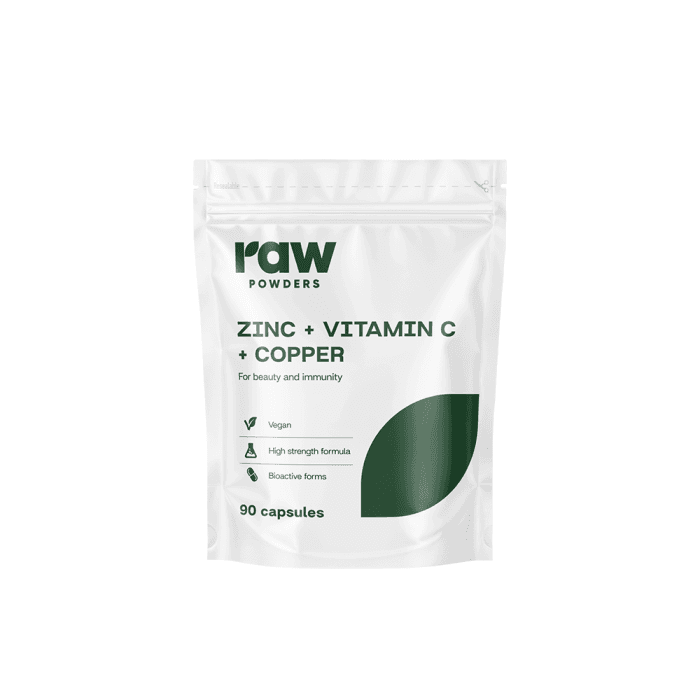 RAW POWDERS CINKAS + VITAMINAS C + VARIS, 90 kapsulių