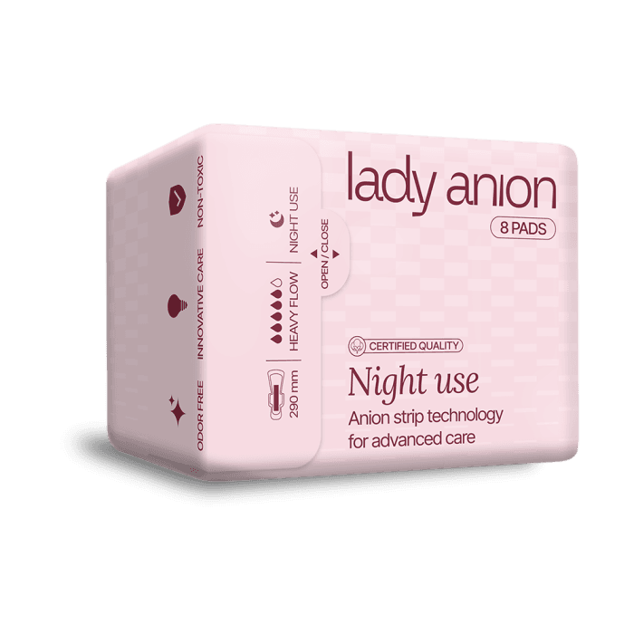 LADY ANION naktiniai paketai su anijonų juostele, LT-EKO-001, 8 vnt.