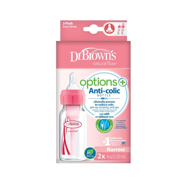 DR. BROWN'S buteliukas siauru kakleliu OPTIONS+, rožinė spalva, 2 vnt., 120 ml+žindukas, 0–3 mėn., 2 vnt., + valymo šepetėlis, 1 vnt.-1
