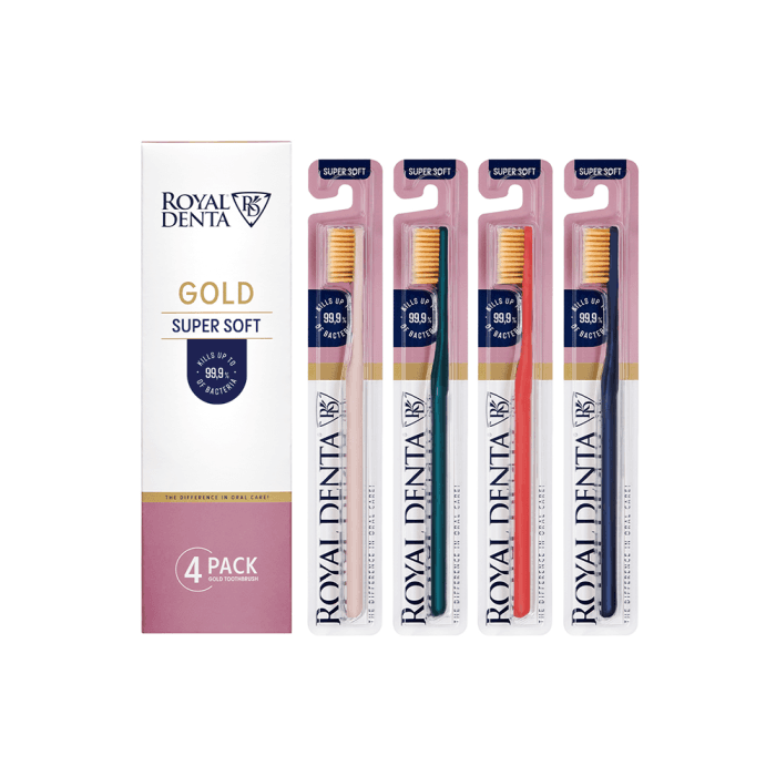 ROYAL DENTA dantų šepetėlių su aukso šereliais rinkinys SUPER SOFT GOLD, 4 vnt.