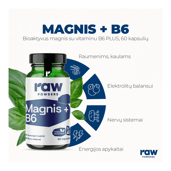 RAW POWDERS Bioaktyvus magnis su vitaminu B6 PLUS, 60 Kapsulės-1
