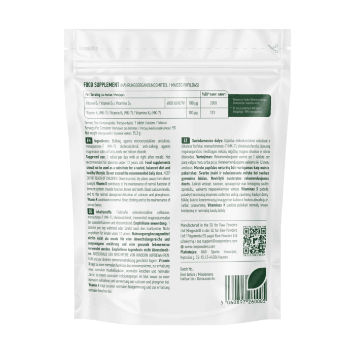 RAW POWDERS VITAMINAS D3 4000 IU + VITAMINAS K2 100 mcg, 90 tablečių-1