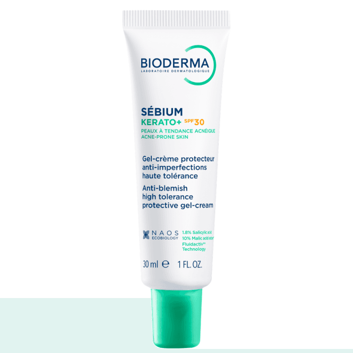 BIODERMA aukštos tolerancijos gelis-kremas nuo spuogų į aknę linkusiai odai, SÉBIUM KERATO+ SPF30, 30 ml