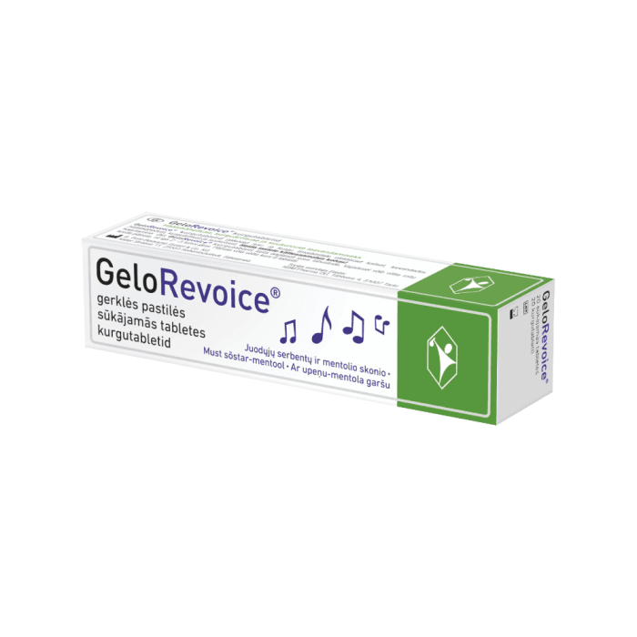 GELOREVOICE gerklės pastilės, juodųjų serbentų-mentolio skonio, 20 pastilių