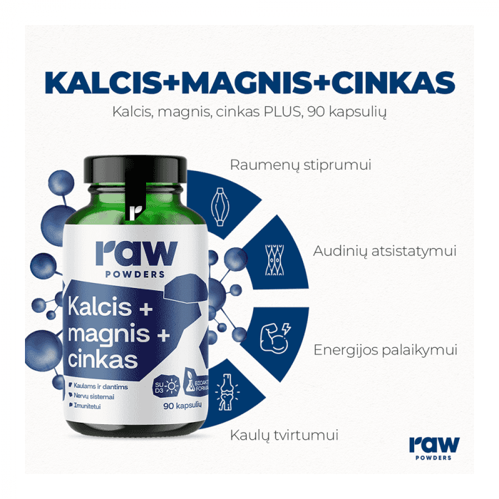 RAW POWDERS Kalcis, magnis, cinkas PLUS, 90 Kapsulės-1