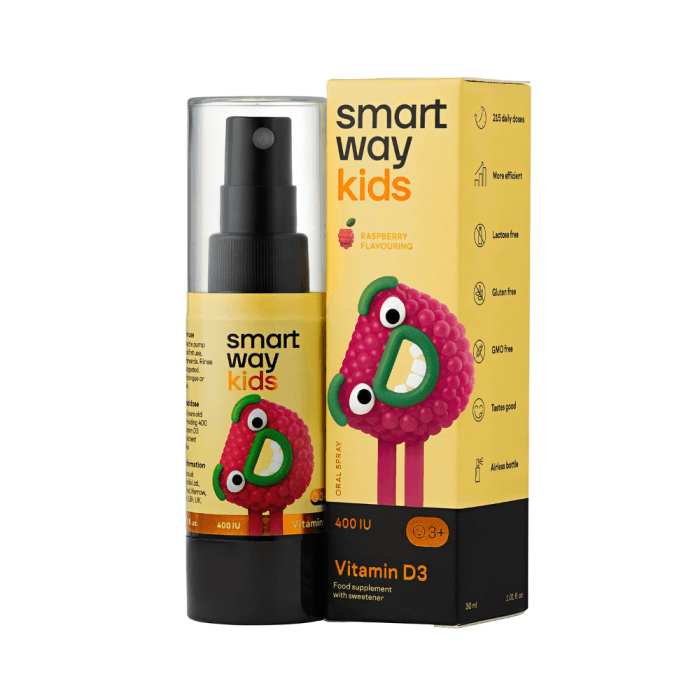 SMART WAY KIDS purškiamas VITAMINAS D3 400TV, aviečių skonio, 30 ml