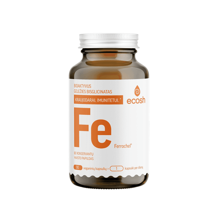 ECOSH bioaktyvi Geležis Ferrochel®, bisglicinatas 27mg, su vitaminu C, 90 kapsulių