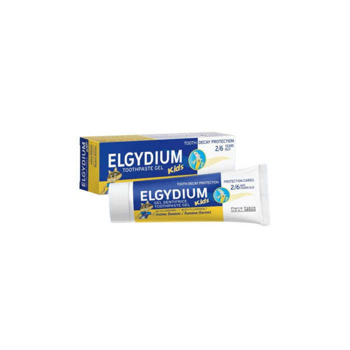 ELGYDIUM dantų pasta gelis vaikams KIDS Banana ėduonies kontrolei, bananų skonio, 2-6 m., 50 ml
