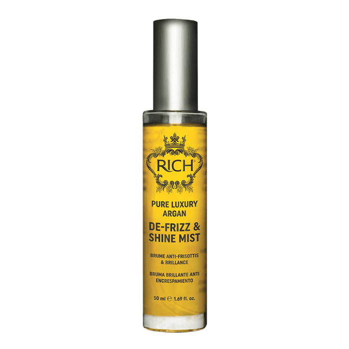 RICH glotninantis ir blizgesio suteikiantis plaukų purškalas PURE LUXURY ARGAN DE-FRIZZ & SHINE MIST, 50 ml