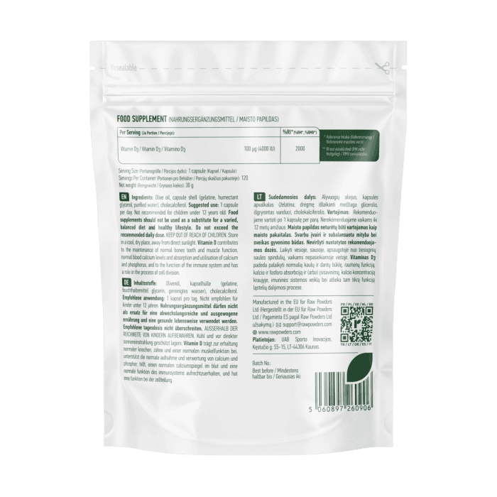 RAW POWDERS VITAMINAS D3 4000 IU, 120 kapsulių-1