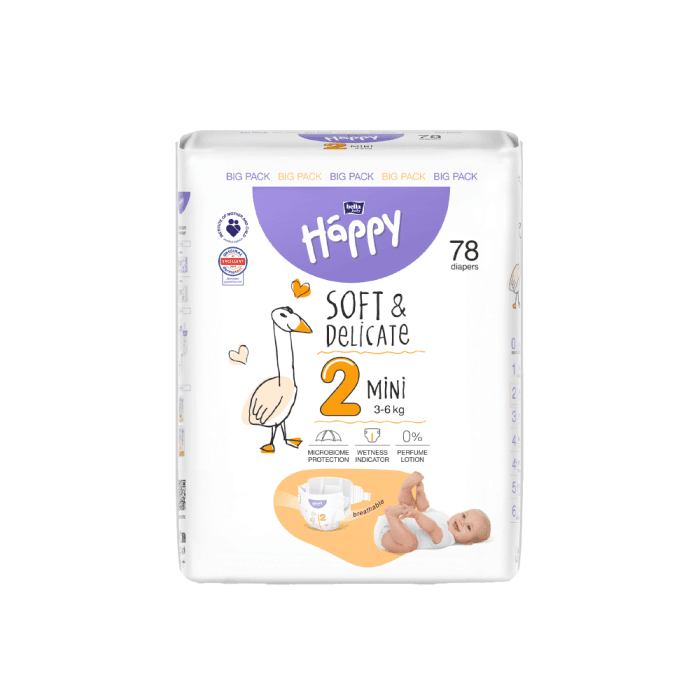 HAPPY sauskelnės MINI, 3–6 kg, bekvapės, 78 vnt.