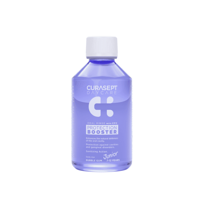 CURASEPT skalavimo skystis DAYCARE BOOSTER BUBBLE GUM JUNIOR, kramtomosios gumos skonio, 250 ml