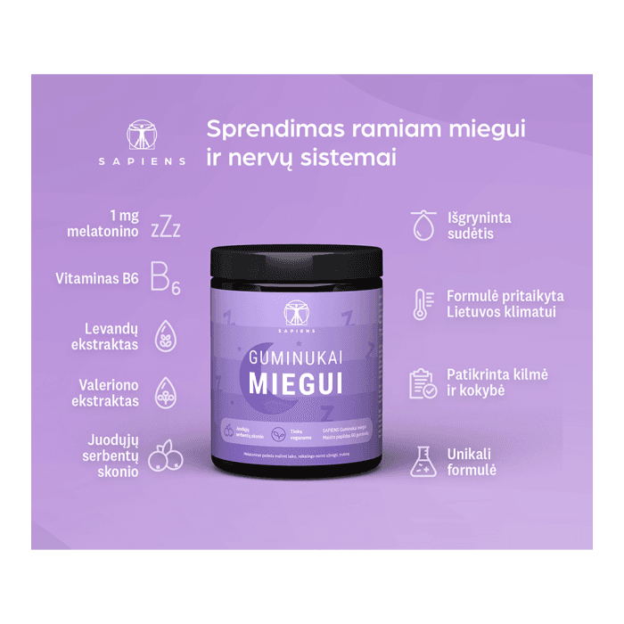 SAPIENS guminukai miegui (su melatoninu), juodųjų serbentų skonio, 60 guminukų-1