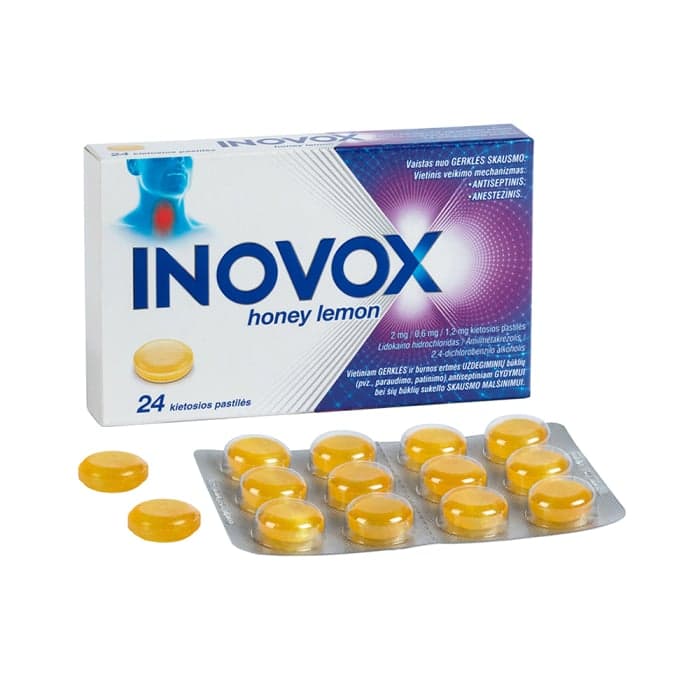 INOVOX HONEY LEMON, 2mg/0,6mg/1,2mg, kietosios pastilės, N24-1