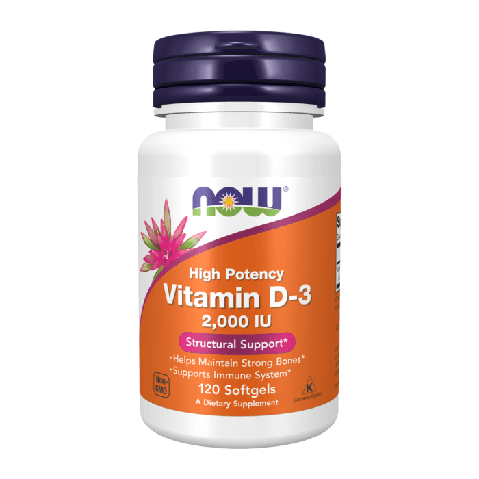 NOW vitaminas D-3 2000, 120 minkštų kapsulių