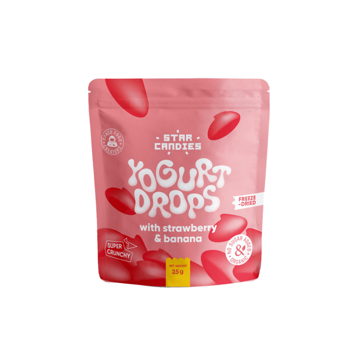STAR CANDIES Ekologiški braškių ir bananų skonio jogurtiniai kasneliai, (LT-EKO-001), 25 g