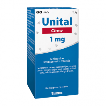 UNITAL melatoninas CHEW, mėtų skonio, 60 kramtomųjų tablečių UNITAL melatoninas CHEW, mėtų skonio, 60 kramtomųjų tablečių