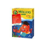 MÖLLER’S žuvų taukai JUNIOR OMEGA-3, braškių-aviečių skonio, 45 kramtomos gelinės žuvelės, 45 guminukų