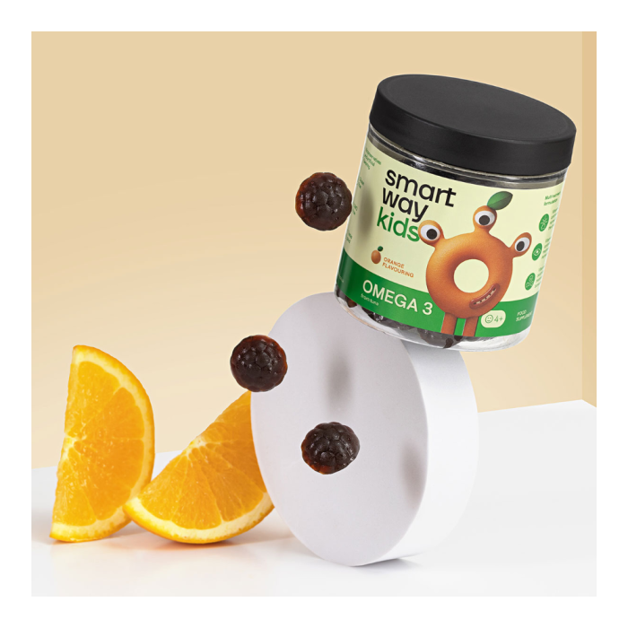 SMART WAY KIDS apelsinų skonio žuvų taukų ir vitaminų